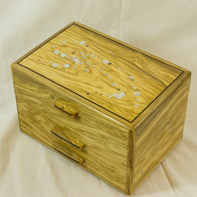 Olive wood Jewellery box with mother of pearl dots on lid