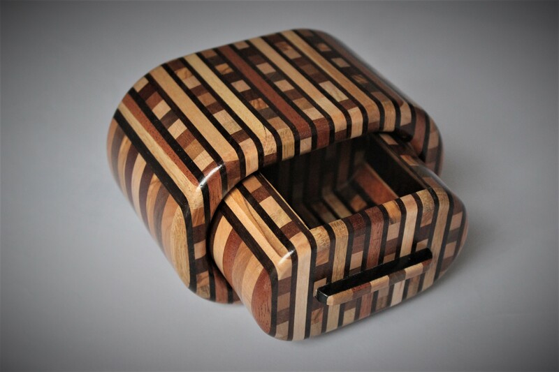 Strip wood oval shape bandsaw trinket box with drawer By Reuben's woodcraft