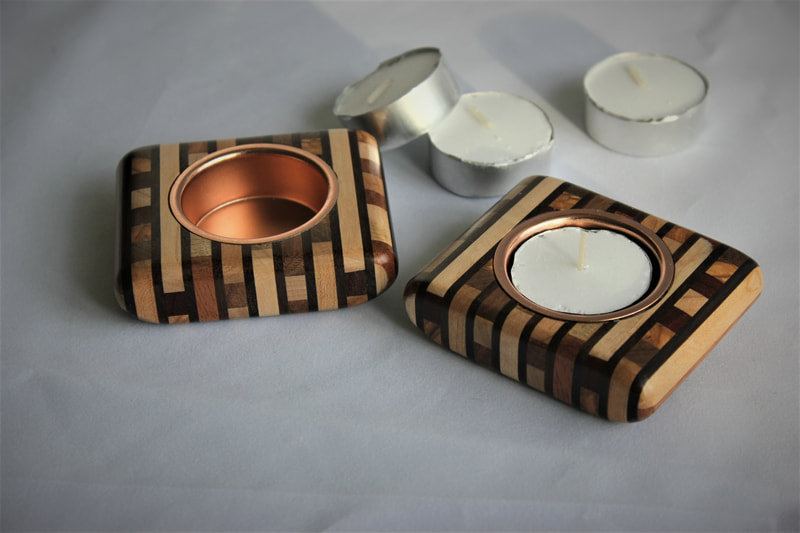 Striped wooden tealight holders by Reuben's woodcraft