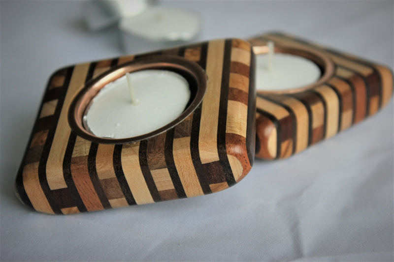 Striped wooden tealight holders by Reuben's woodcraft