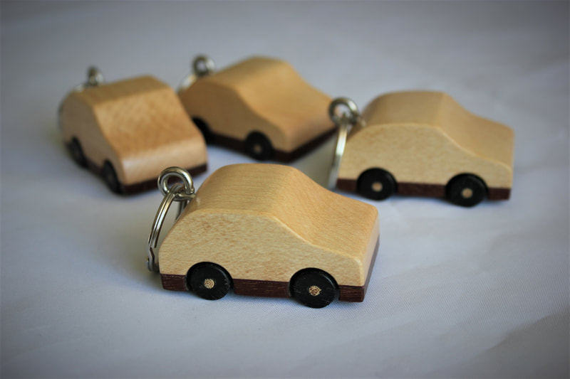 miniature wooden toy car keyrings by Reuben's woodcraft